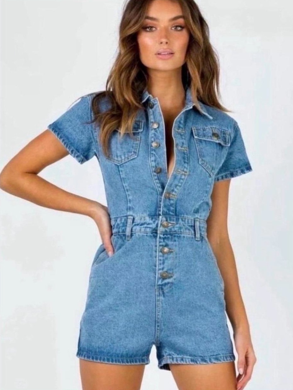 Lioness Blue Short-Sleeve Denim Romper